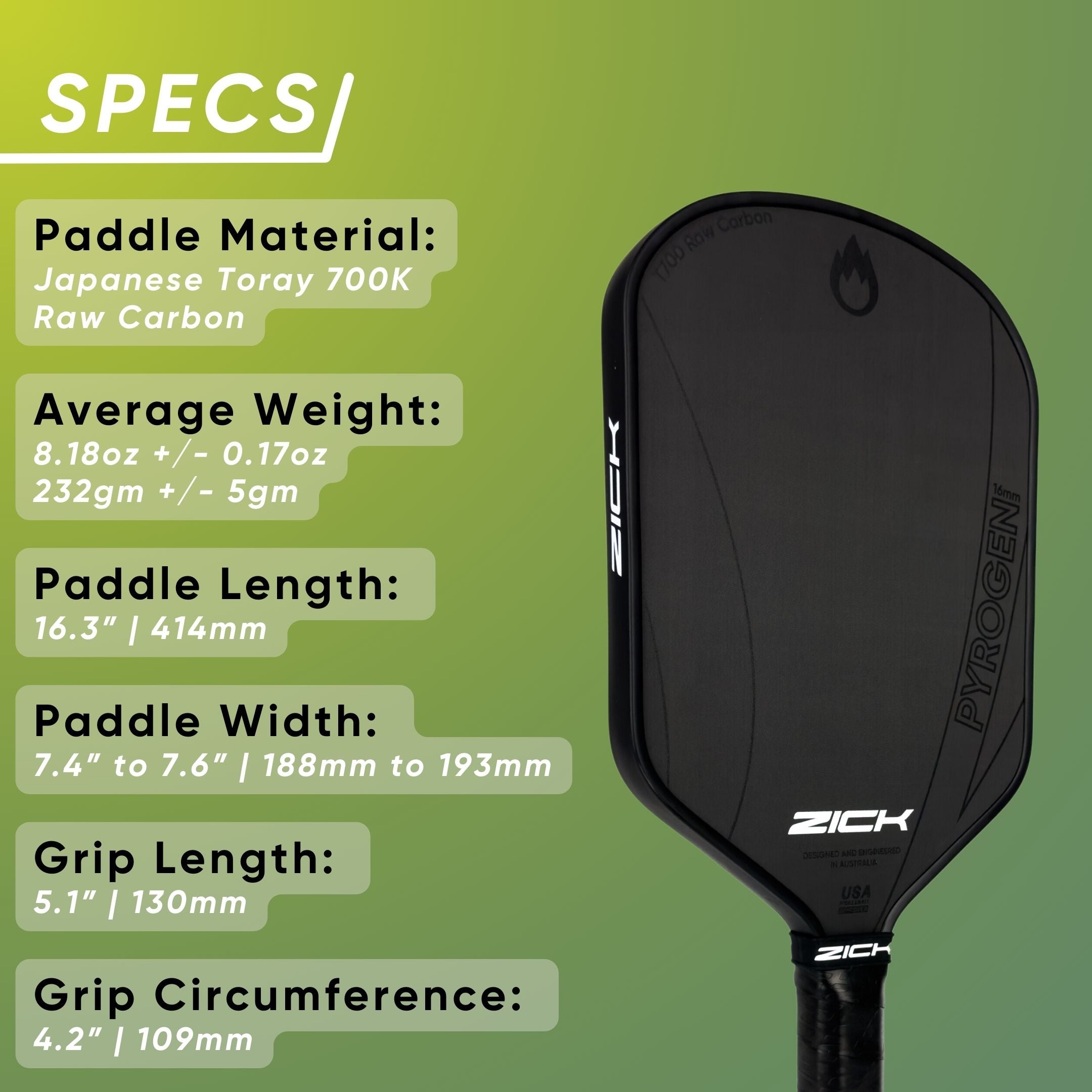 Zick Pyrogen 16m Carbon Fiber Pickleball Paddle Specfications #color_black, red, lilac